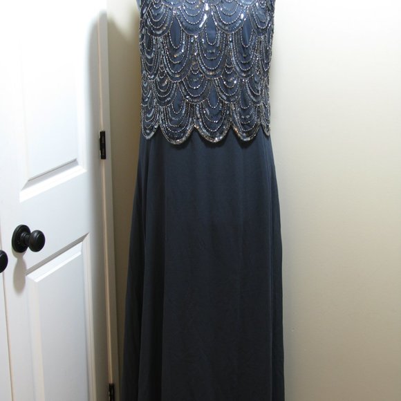 J Kara Beaded Sleeveless Denim Blue Gown with Scarf - Picture 2 of 3